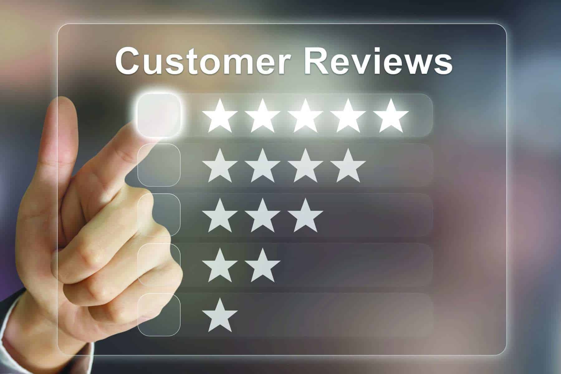 business hand pushing customer reviews on virtual screen