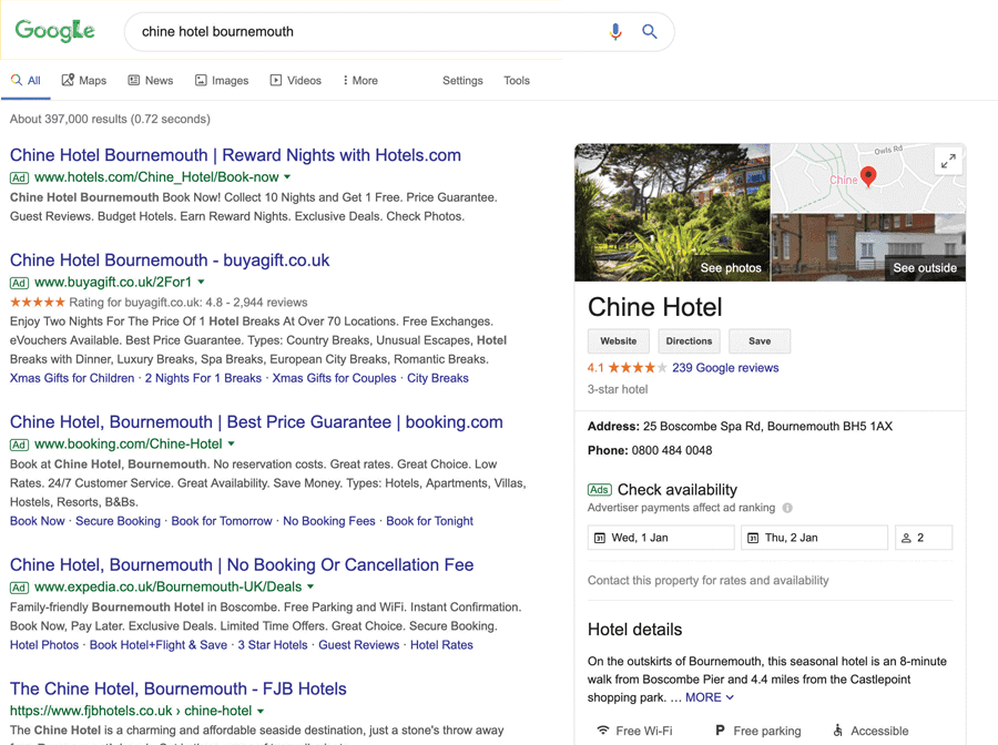 Google results: "Chine Hotel Bournemouth"